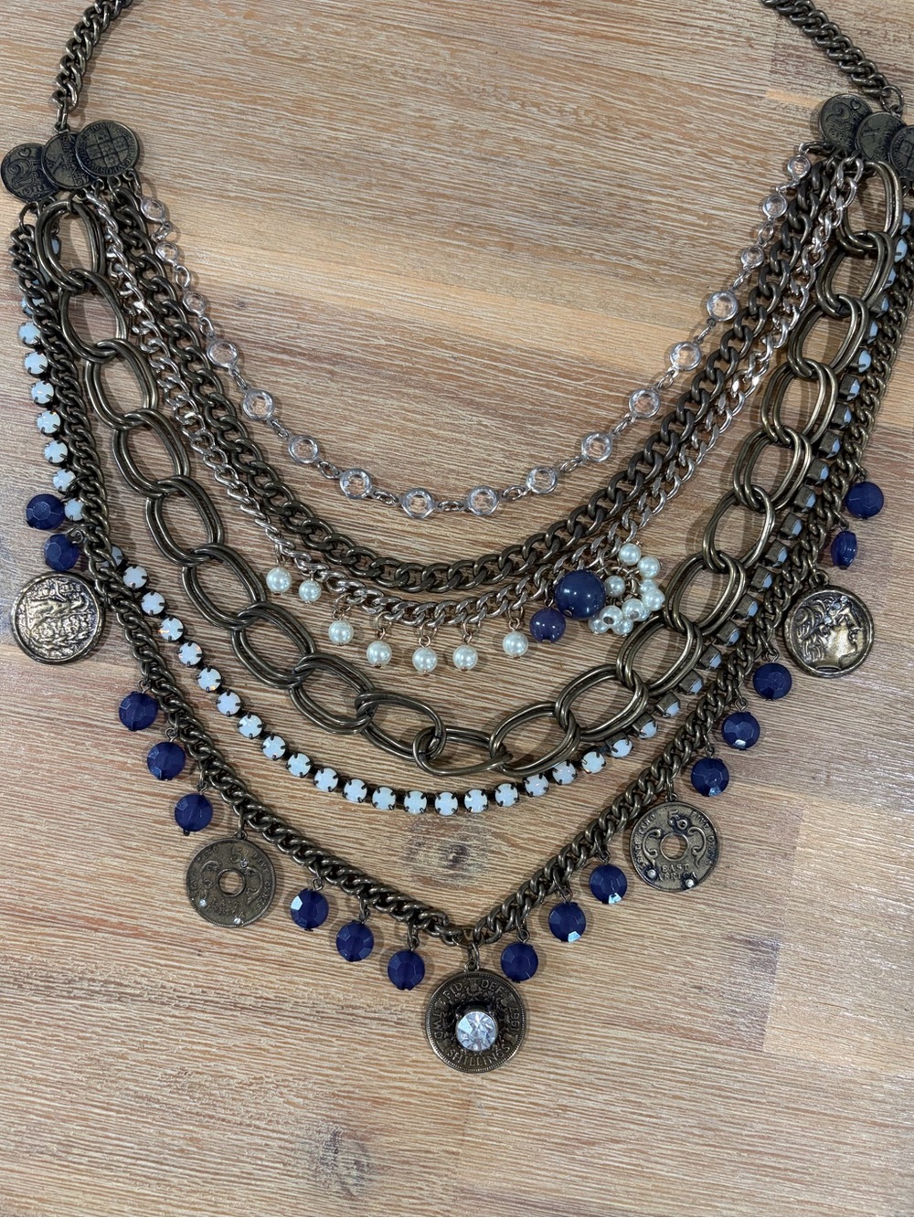 Layered Coin & Bead Statement Necklace — Blue and Antique Gold
